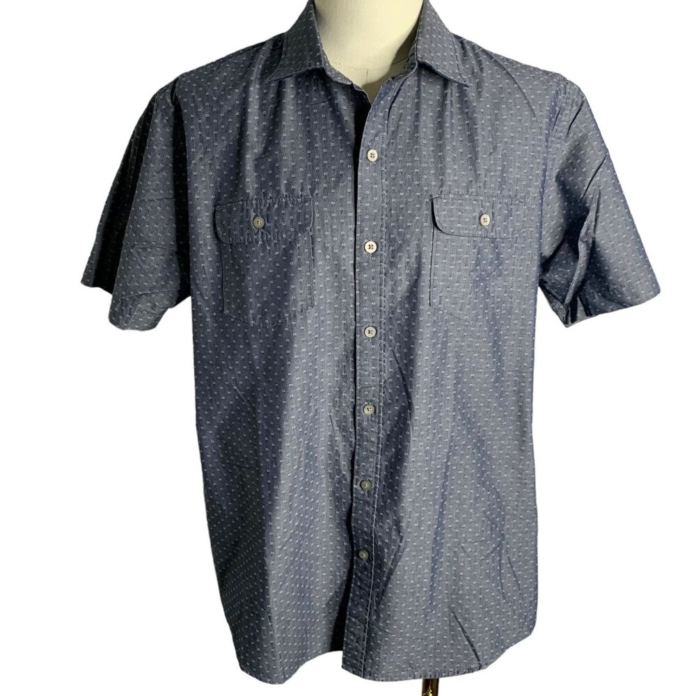 Van Heusen Button Up Short Sleeve Shirt L Blue Circles Pockets Collar Cotton